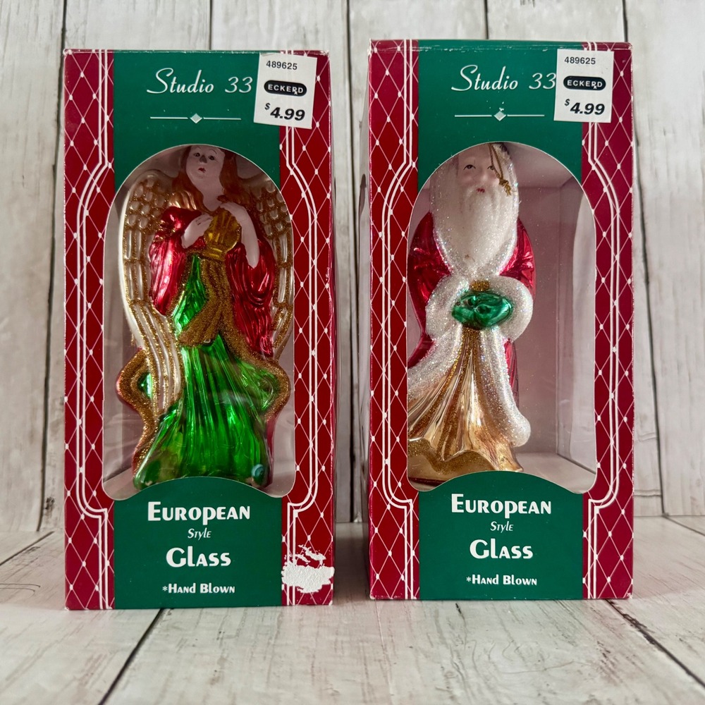 Studio 33 European Style Hand Blown Glass Santa and Angel Ornaments Set of 2